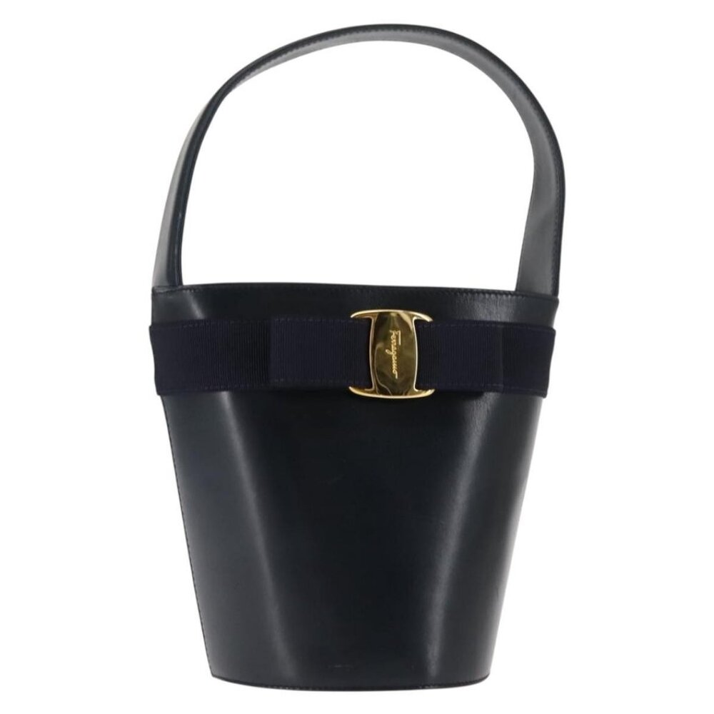 Authentic Salvatore Ferragamo Vala Shoulder Bag Leather Navy Gold